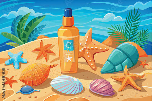 a bottle of sunscreen, two starfish and a seashell. The background alludes to a sandy beach with a clear sky.The theme presents common items related to beach fun and sun protection for the skin.