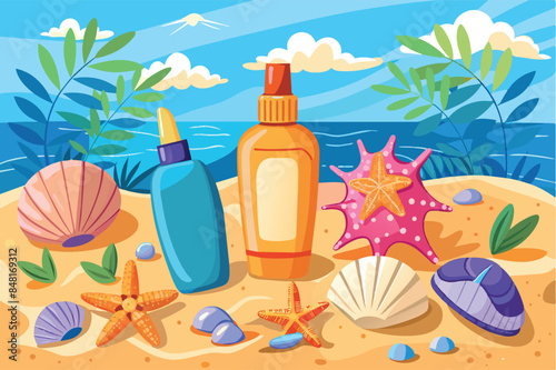 a bottle of sunscreen, two starfish and a seashell. The background alludes to a sandy beach with a clear sky.The theme presents common items related to beach fun and sun protection for the skin.
