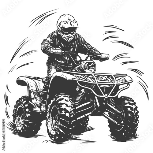 ATV Rider Engraving: Quad Bike Adventure in Motion, Vector Illustration.