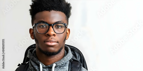 Black student on white background. Concept Portrait Photography, Diversity, Academic Success, Embracing Individuality, Black Excellence photo