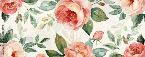 Delicate floral watercolor pattern for textiles and backgrounds, watercolor peonies flowers and green leaves, soft colors, boho style on a light background. vector