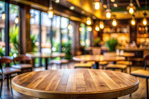 Empty wood table with a round shape on a blurred restaurant background for product display montage, restaurant, background © joompon