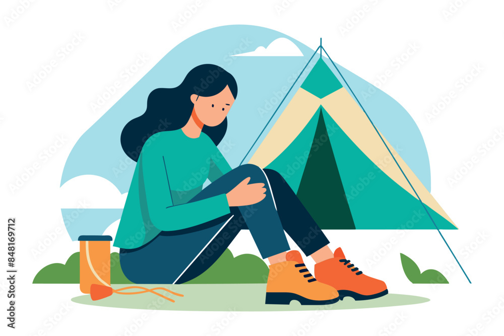 Fototapeta premium A girl sitting in front of a tent with trees in the background. The setting hints at the theme of outdoor recreation or camping.