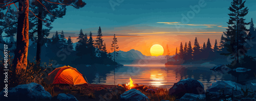 Stylized illustration with camping tent and campfire during sunset golden hour in woods near lake. vector simple