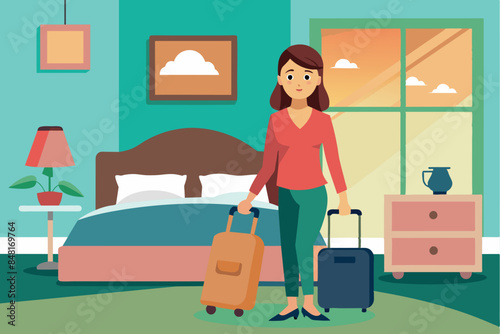 a girl standing in a hotel bedroom holding a suitcase. Vacation or business trip