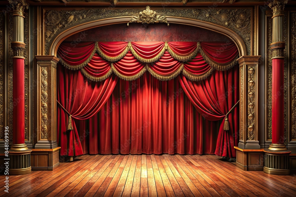 Oldfashioned theater stage with red curtains, theater, stage, vintage