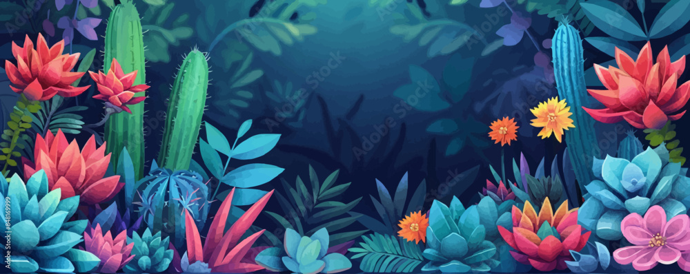 Colorful tropical plants cacti succulents in water, layout for text, natural floral background. vector simple illustration Colorful tropical plants cacti succulents in water, layout for text, natural floral background. vector simple illustration