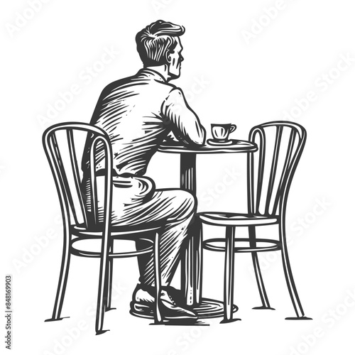 man sitting at a table in the cafe bar restaurant with engraving style