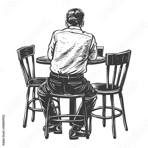 man sitting at a table in the cafe bar restaurant with engraving style