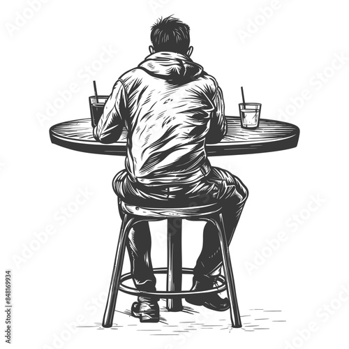 man sitting at a table in the cafe bar restaurant with engraving style