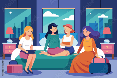 girl friends sitting in a relaxing environment. it is a resort or dacha with a view of the mountains and water in the background. Luggage is present, indicating a recent trip. vacation atmosphere.