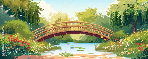 Serene countryside bridge over a babbling brook, with wildflowers and willow trees lining the banks. Vector flat minimalistic isolated illustration.