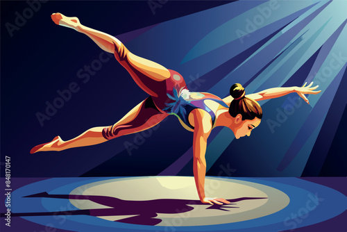 A female gymnast performs an exercise on the floor. she is in a dynamic pose, balancing on one arm, the other arm outstretched, legs spread in the air. theme of grace and athleticism