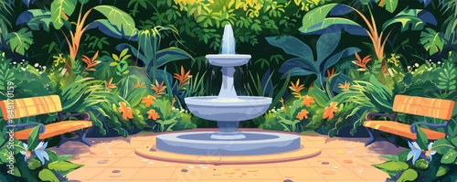 Enchanting fairy garden with fountains, benches, and lush vegetation. Vector flat minimalistic isolated illustration