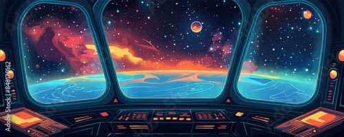 Spaceship floating in the depths of space, with windows overlooking endless stars. Vector flat minimalistic isolated illustration.