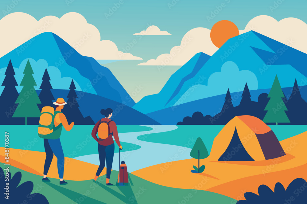 outdoor landscape. Two people are standing by a river that flows through a valley. A tent can be seen in the foreground. theme of outdoor adventure and camping. outdoor landscape. Two people are standing by a river that flows through a valley. A tent can be seen in the foreground. theme of outdoor adventure and camping.