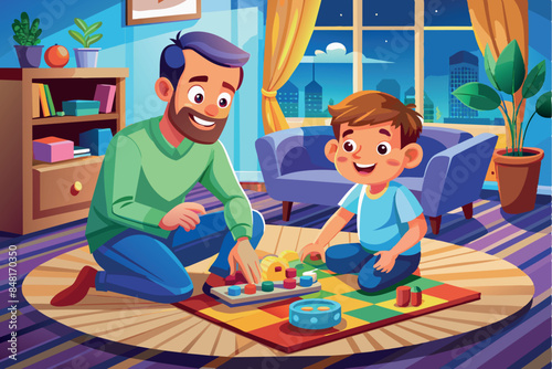 A father and son are playing a board game in a child's room. This is an interesting image that symbolizes leisure time, family or friendly interaction over a game, and indoor entertainment.