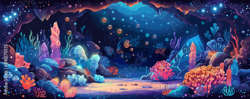 Whimsical underwater grotto with glowing sea creatures, sparkling crystals, and hidden treasures. Vector flat minimalistic isolated illustration
