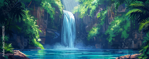 Enchanted waterfall cascading into a tranquil pool, surrounded by lush vegetation and hidden caves. Vector flat minimalistic isolated illustration.