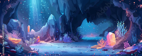 Whimsical underwater grotto with glowing sea creatures, sparkling crystals, and hidden treasures. Vector flat minimalistic isolated illustration