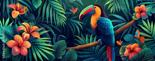 Exotic templating with tropical leaves, palm trees, flowers and birds. vector simple illustration