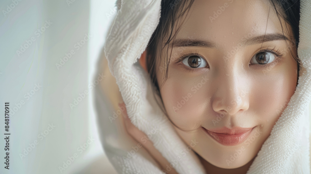 ドライタオルで輝くアジア人女性の美 (スキンケアとボディケアの秘訣) ドライタオルで輝くアジア人女性の美 (スキンケアとボディケアの秘訣)