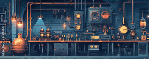 Steampunk alchemical laboratory with copper cauldrons, engravings, and mechanical devices. Vector flat minimalistic isolated illustration © Sanych
