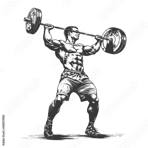 man weightlifting player in action full body with engraving style