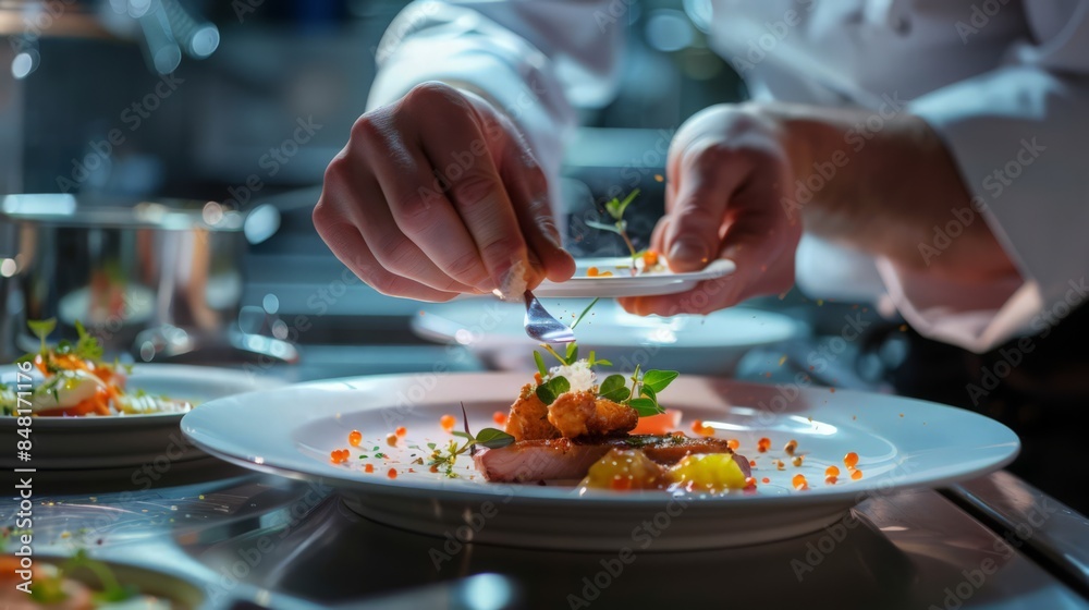 Capture the elegance of a chef presenting a multi-course dinner at a private event. Each dish tells a story, crafted with attention to detail Capture the elegance of a chef presenting a multi-course dinner at a private event. Each dish tells a story, crafted with attention to detail