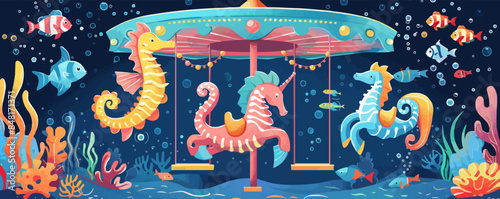 Whimsical underwater carousel with seahorse-shaped seats and colorful fish swimming around. Vector flat minimalistic isolated illustration.