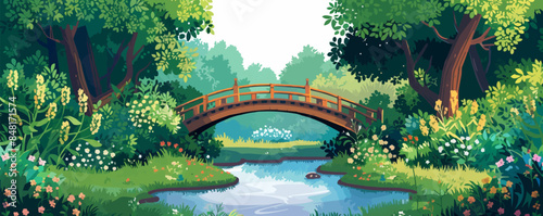 Serene countryside bridge crossing over a gentle stream, with lush greenery and wildflowers. Vector flat minimalistic isolated illustration