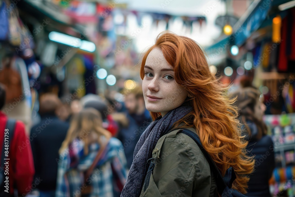 pretty young woman with red hair walking in crowded market street candid street photography pretty young woman with red hair walking in crowded market street candid street photography