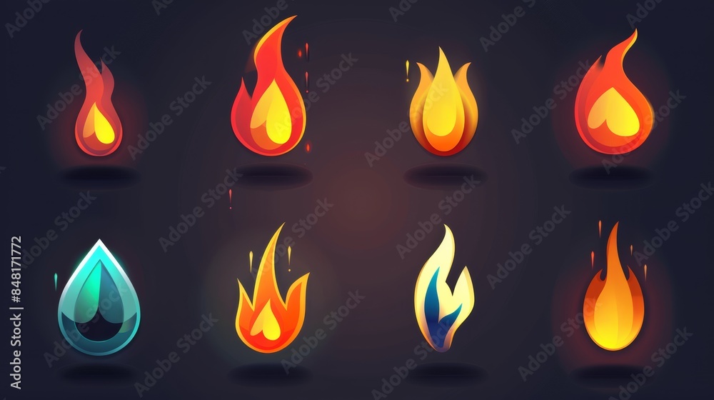 collection of flat design flame symbols used as icons in a mobile app interface. The symbols are intuitively designed and visually appealing, enhancing the user experience. collection of flat design flame symbols used as icons in a mobile app interface. The symbols are intuitively designed and visually appealing, enhancing the user experience.