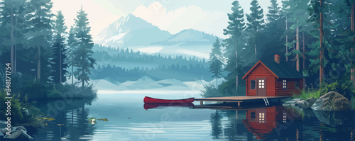 Idyllic lakeside cabin surrounded by tall pine trees, with a canoe docked at the wooden pier. Vector flat minimalistic isolated illustration