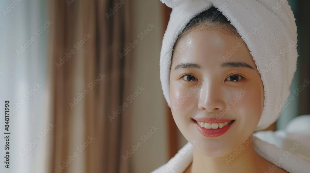 ドライタオルで輝くアジア人女性の美 (スキンケアとボディケアの秘訣) ドライタオルで輝くアジア人女性の美 (スキンケアとボディケアの秘訣)