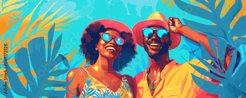 Multiracial couple of festival goers having fun in summer day. Vector flat minimalistic isolated illustration