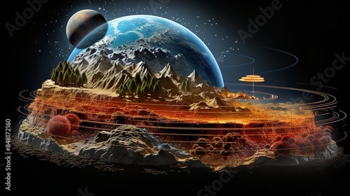 Fototapeta Naklejka Na Ścianę i Meble -  A digital art piece showcasing a layered planets interior with a distant moon, representing Earths layers