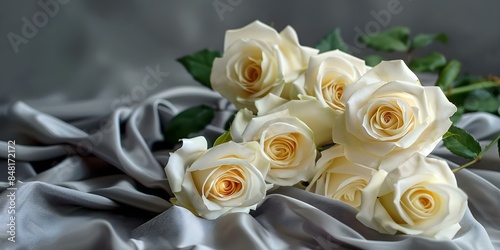 Elegant white roses in a simple bouquet with a gray silk fabric. Concept Floral Arrangements, Classic Elegance, Monochromatic Bouquets, Table Decor, Silk Fabrics