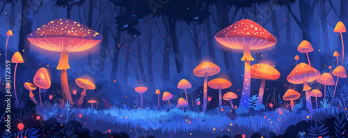 Whimsical mushroom circle hidden in the depths of the forest, with glowing fungi and magical energy. Vector flat minimalistic isolated illustration