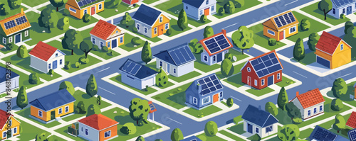 Houses with rooftop solar panels, top view houses of the future, green eco energy of the future, farm with solar panels. vector simple illustration
