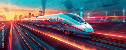 Hyper-speed magnetic train soaring over urban landscapes with high-speed tunnels and stations. Vector flat minimalistic isolated illustration