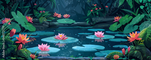 Enchanted garden pond surrounded by lush foliage, blooming flowers, and tranquil water lilies. Vector flat minimalistic isolated illustration