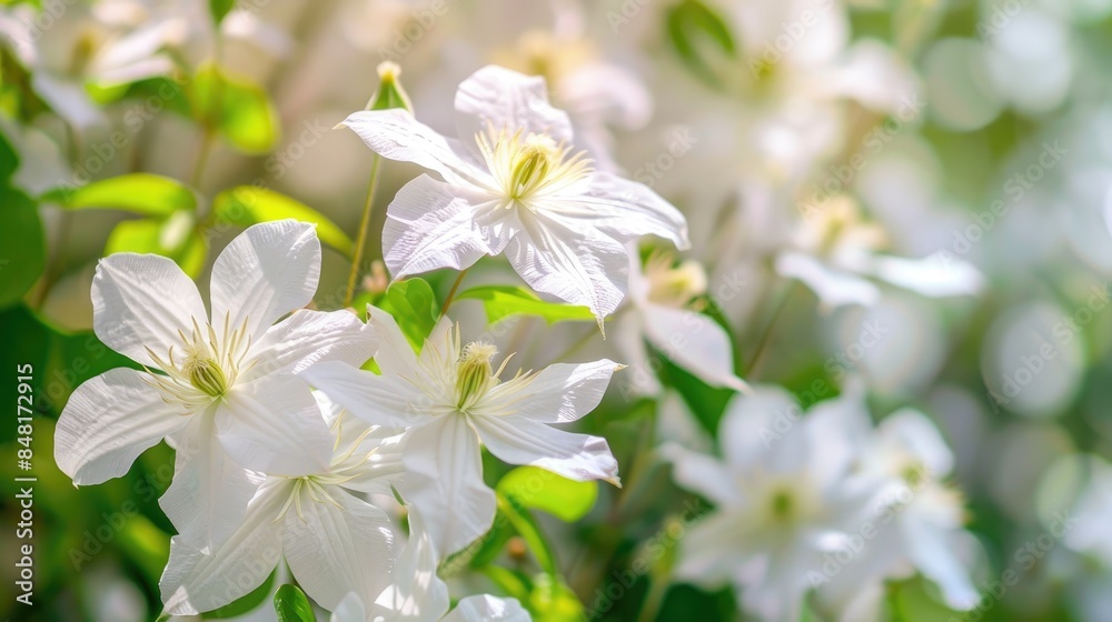 Isolated White Clematis Flowers in Full Bloom