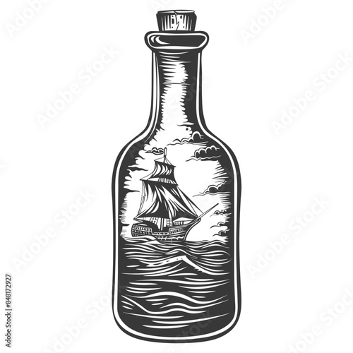 message in a bottle with engraving style