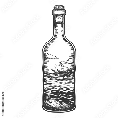 message in a bottle with engraving style