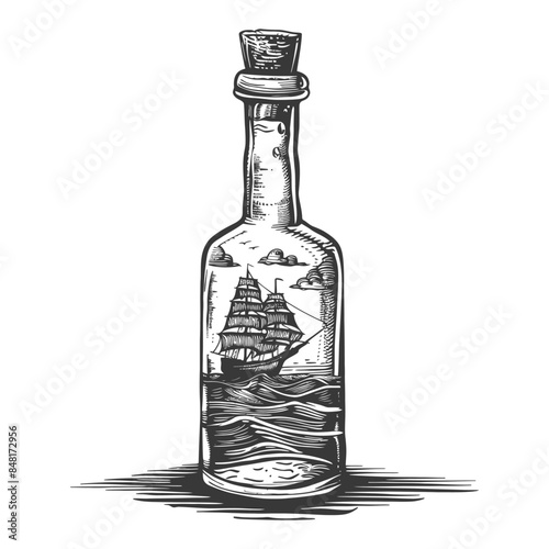 message in a bottle with engraving style
