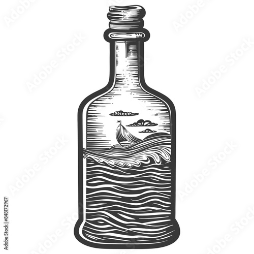 message in a bottle with engraving style