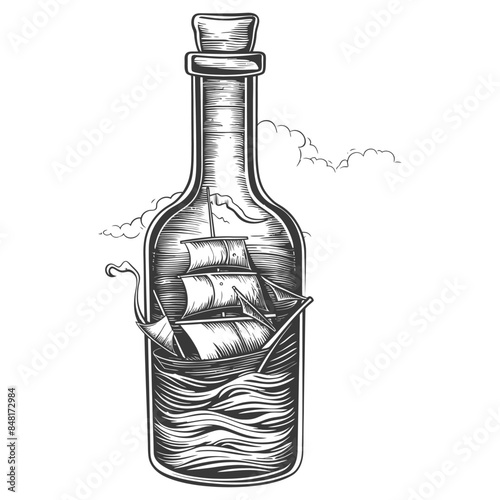 message in a bottle with engraving style