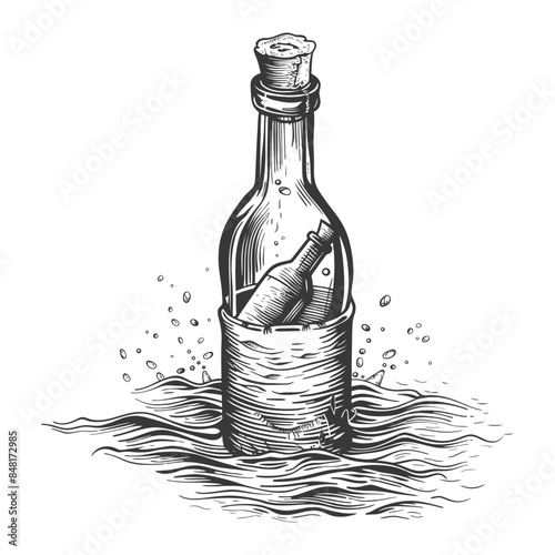 message in a bottle with engraving style