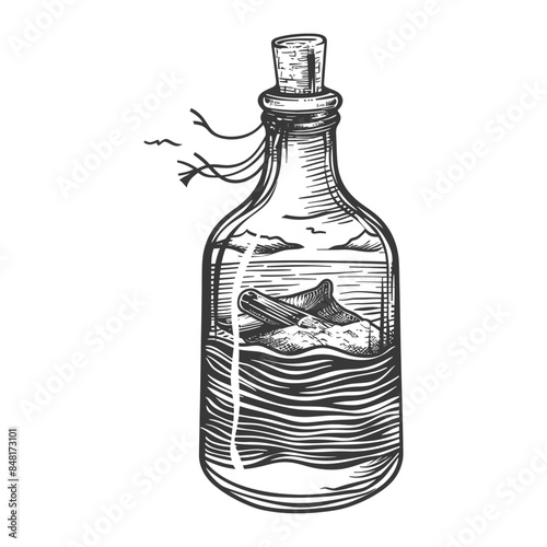 message in a bottle with engraving style